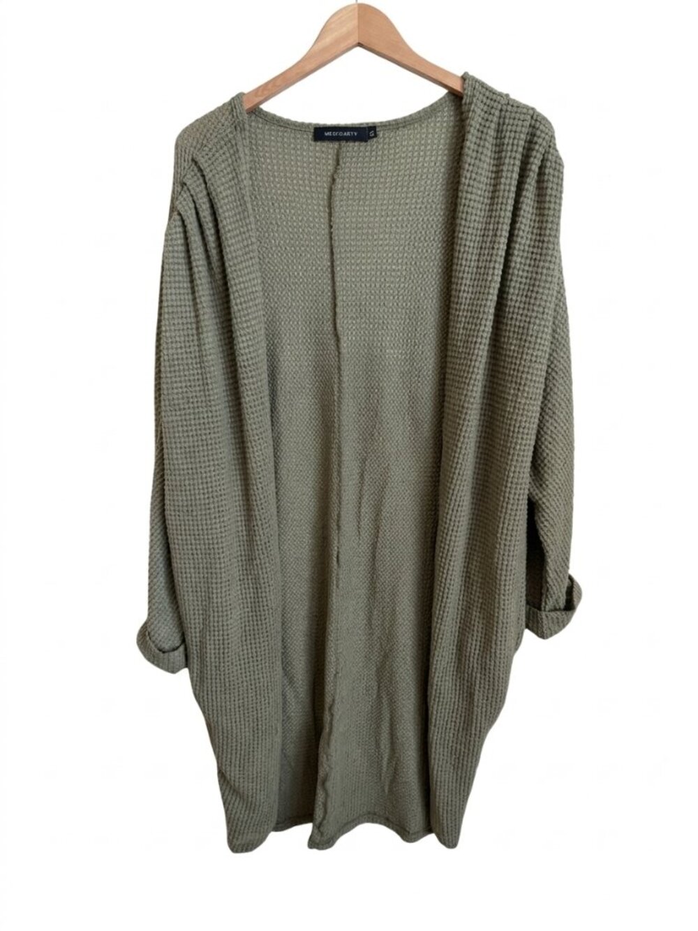 Waffle Knit Longline Open Front Cardigan Olive Green Rolled Sleeve Pockets XL
